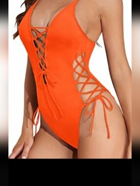 NWT! Tempt Me Womens Medium bright neon orange lace up one piece swim suit
